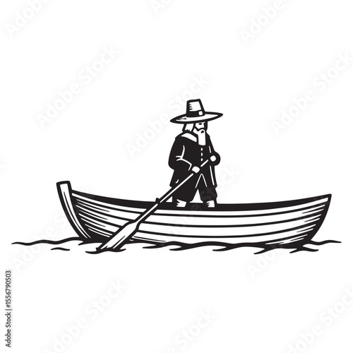 Illustration of a pilgrim man navigating a boat on water using an oar silhouette style