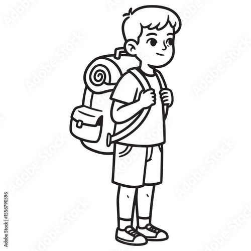 Illustration of a smiling boy prepared for backpacking adventure with his large hiking pack