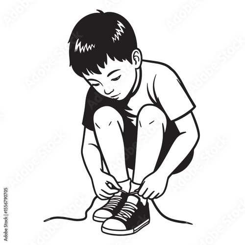 Illustration of a young boy squatting and tying his shoe laces in a simple black and white style