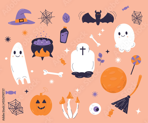 Halloween set. Fantasy ghosts, moon, bat, witch's brooms, hat, pumpkin, tombstone, sweet, bone, pot, fire, mushroom, spiderweb, eye, leaf.  Collection for banner, poster. Vector illustration