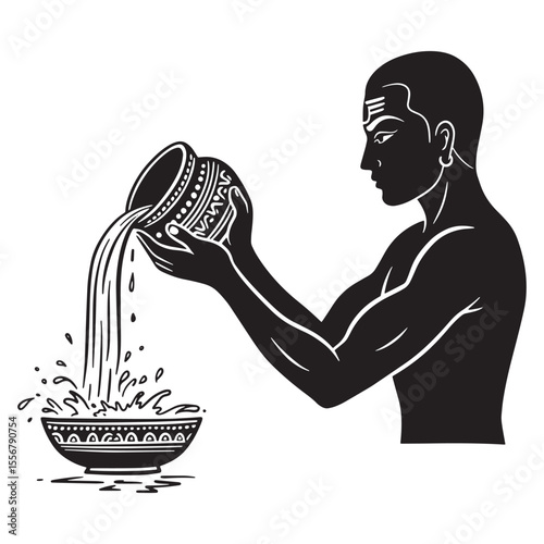 Indian man pouring water from decorated pot into bowl religious ritual celebration of culture