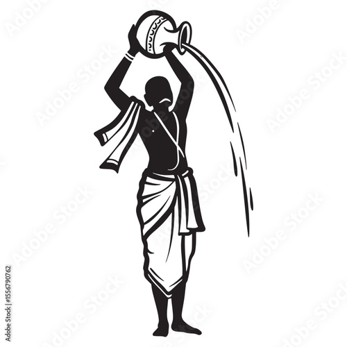 Indian man pouring water from a traditional pot symbolizing ritual and tradition