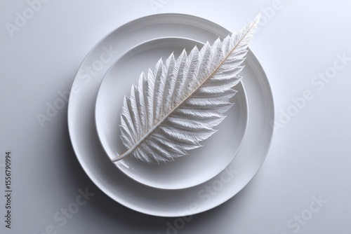 Elegant white metallic feather leaf sculpture resting on a layered white ceramic plate with soft shadows and minimalist aesthetic