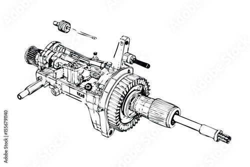 Motorcycle Engine Exploded View in Stipple Ink Style. Technical Blueprint of a Classic Combustion Engine. Vintage Mechanical Engraving