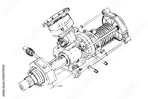 Motorcycle Engine Exploded View in Stipple Ink Style. Technical Blueprint of a Classic Combustion Engine. Vintage Mechanical Engraving