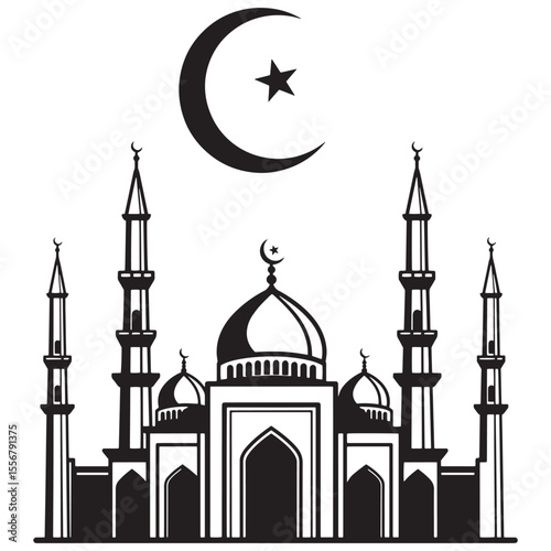 Islamic mosque silhouette illustration with crescent moon and star symbol representing muslim religion