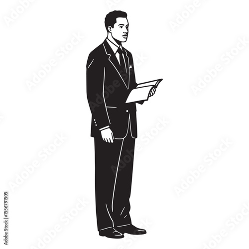 Professional businessman in a black suit holding a report prepared for a presentation