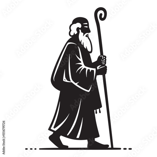 Silhouette of a bearded monk walking with a staff symbolizing faith and guidance