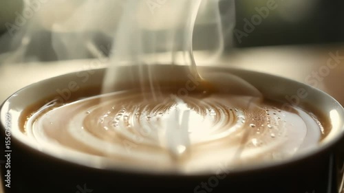 Coffee cup with hot billowing steam. Smoking hot coffee cup close up view