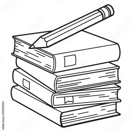 Simple black and white illustration of stacked books with pencil on top for education