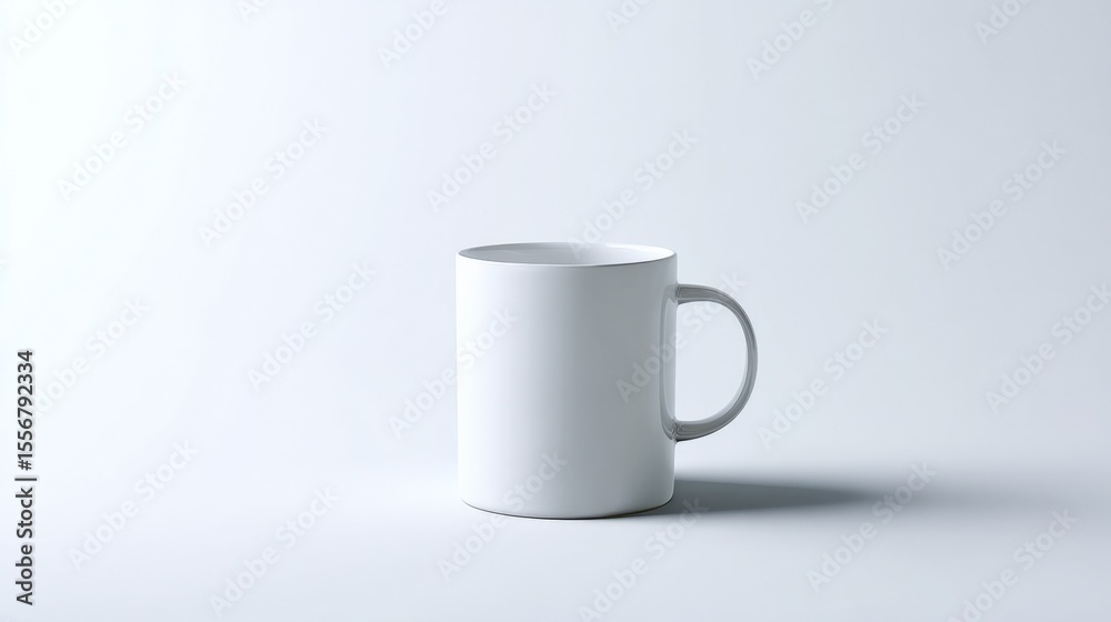 Minimalist plain white ceramic coffee mug with a smooth surface and curved handle on a clean light background perfect for advertising Minimalist plain white ceramic coffee mug with a smooth surface and curved handle on a clean light background perfect for advertising