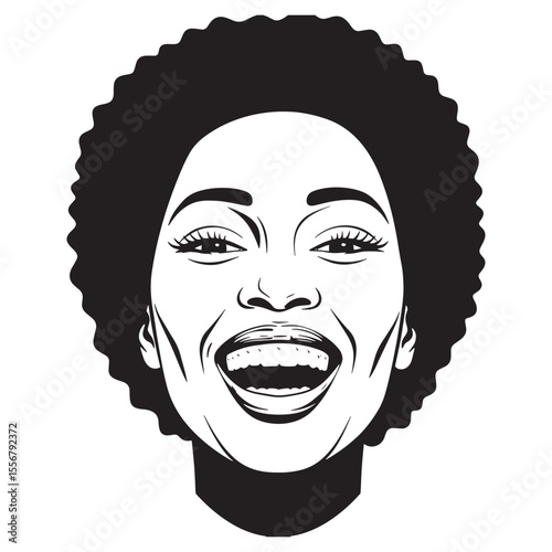 Smiling portrait of a black woman with curly afro hair in vector line art