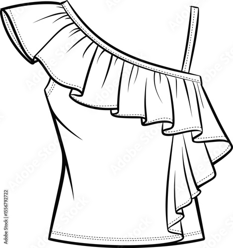 Asymmetrical ruffle one shoulder top sketch, stylish summer blouse design, women’s fashion flat drawing, technical apparel vector, cad illustration