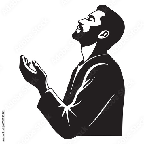 Vector illustration of a man looking upwards with hands raised in a prayerful gesture