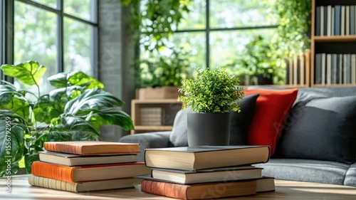 Cozy living room with books, plants, and sunlight