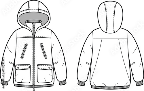 Winter padded jacket technical drawing, kids fashion coat flat sketch, front and back view, hoodie outerwear cad template