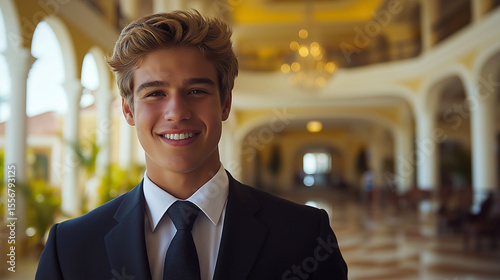Portrait of a smiling man in a suit in an elegant hallway with arches and ornate architectural details