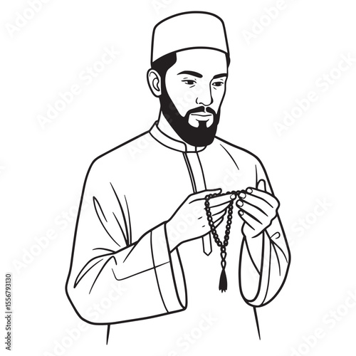 Vector illustration of a muslim man holding prayer beads in a traditional outfit praying peacefully