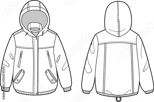 Hooded winter jacket technical fashion flat sketch, vector coat design, CAD apparel drawing, outerwear template for garment production