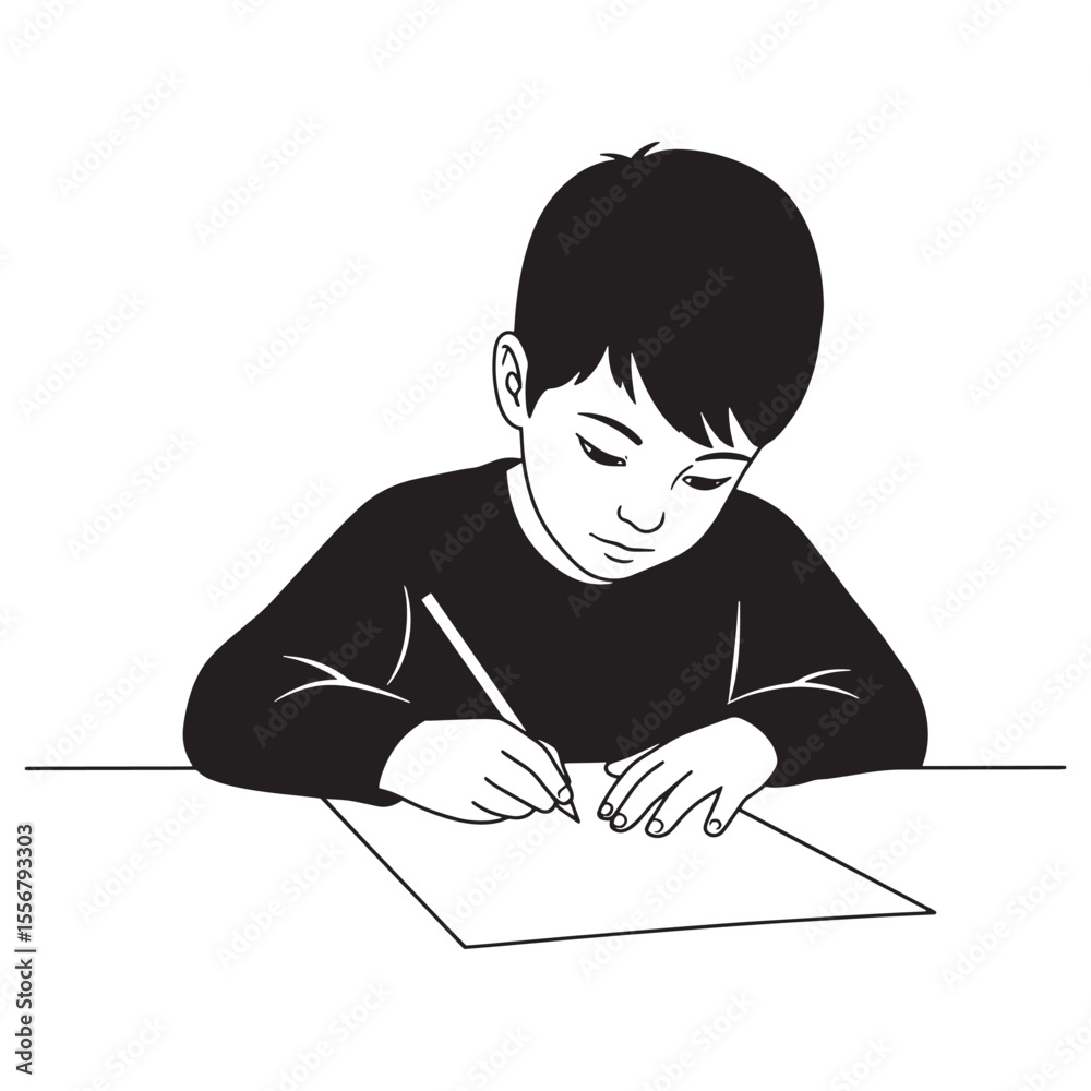 Young boy concentrating on writing or drawing on a sheet of paper with pen Young boy concentrating on writing or drawing on a sheet of paper with pen