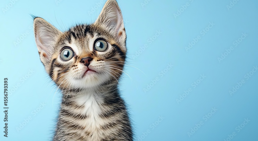 Obraz premium Curious little cat looking to the camera side isolated on blue background , isolated on white background, , copy space, copy space for text,