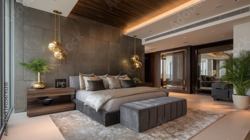 luxurious master bedroom with charcoal and gold tones, rim light highlighting brushed velvet textures and high-gloss wood, natural