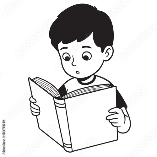 Young boy immersed in reading a book with a look of curiosity and amazement