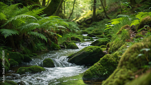 Lush green forest stream with mossy rocks