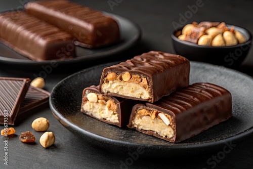 Delicious chocolate bars with nuts and caramel on a dark background, perfect for snacking