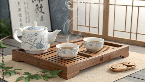 Elegant tea set with steaming cups on a wooden tray indoors