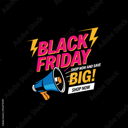 Black Friday Shop Now and Save Big Megaphone Vector Illustration

