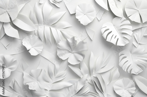 White geometric floral tropical leaves 3d tiles wall