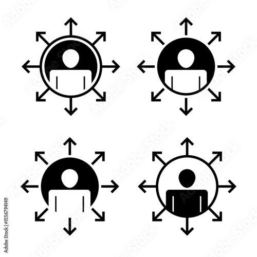 Person with expanding multi directional arrow, personal career growth icon vector