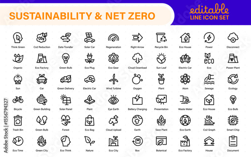 Set of sustainability and Net Zero, environmental, ecological, recyling, green, organic, industry thin line icons. Linear ecology simple symbol collection.