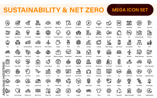 Set of sustainability and Net Zero, environmental, ecological, recyling, green, organic, industry thin line icons. Linear ecology simple symbol collection.