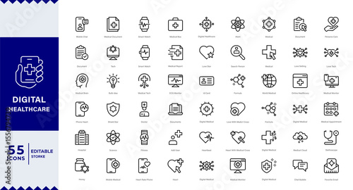 Pixel Perfect , Big set of digital healthcare line icons. Diagnosis, technology, app etc Digital healthcare and telemedicine web line icons. editable stroke. vector illustration.