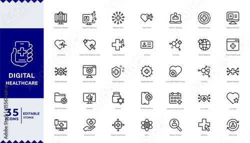 Pixel Perfect , Big set of digital healthcare line icons. Diagnosis, technology, app etc Digital healthcare and telemedicine web line icons. editable stroke. vector illustration.