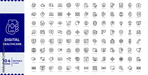 Pixel Perfect , Big set of digital healthcare line icons. Diagnosis, technology, app etc Digital healthcare and telemedicine web line icons. editable stroke. vector illustration.
