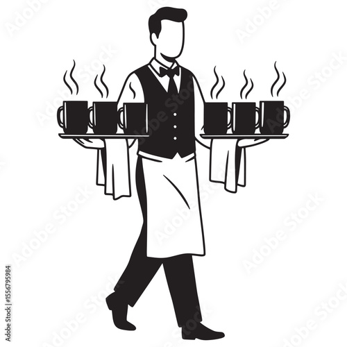 A black and white illustration of a server carrying trays of steaming coffee mugs