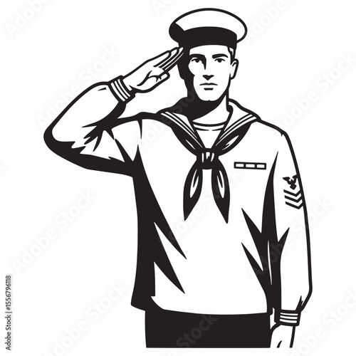 A black and white illustration of a navy sailor giving a salute