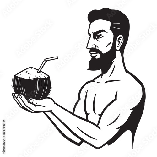 Bearded man holding a coconut drink representing summer vacation and tropical relaxation