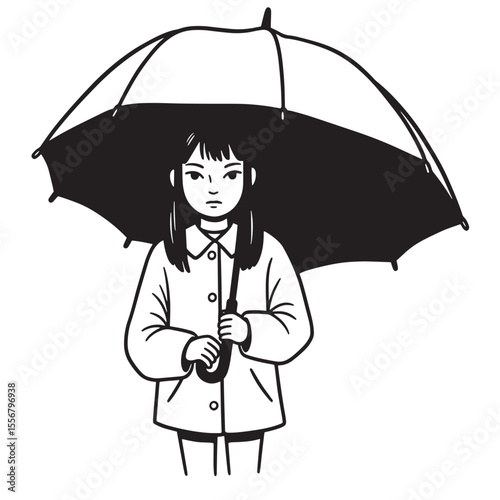 Black and white illustration of a girl holding an umbrella in rainy weather