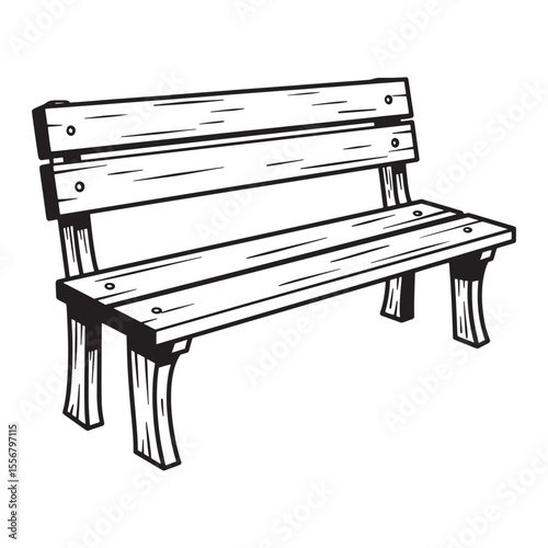 Black and white illustration of a wooden bench perfect for public park and outdoor relaxation
