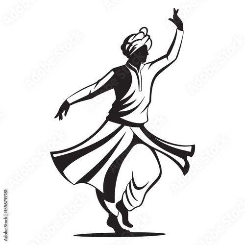 Black and white silhouette of a sufi dervish dancer performing a religious ritual