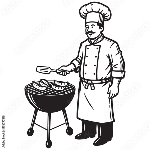 Chef grilling sausages on a barbecue grill in a classic black and white illustration