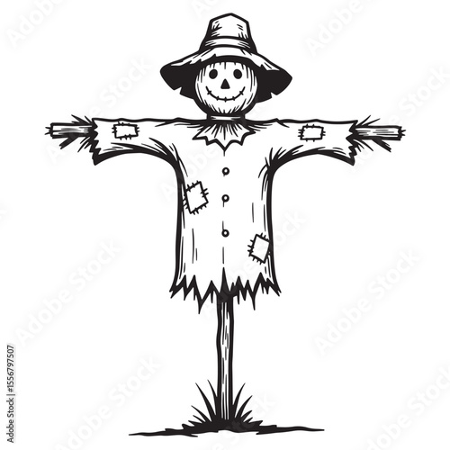 Detailed black and white illustration of a friendly scarecrow with a straw hat