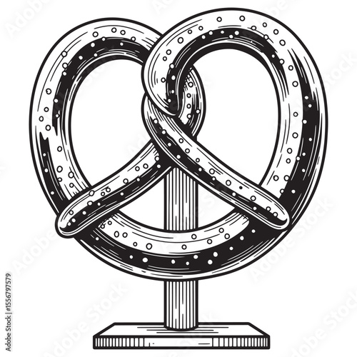 Detailed black and white illustration of a pretzel on a pedestal suitable for oktoberfest designs