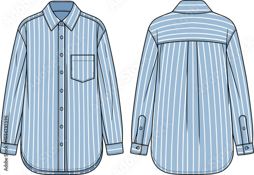Classic Striped Button-Up Shirt Flat Sketch, Long-Sleeve Design with Pocket and Curved Hem, Fashion Apparel Template for Men's and Women's Casual Wear.