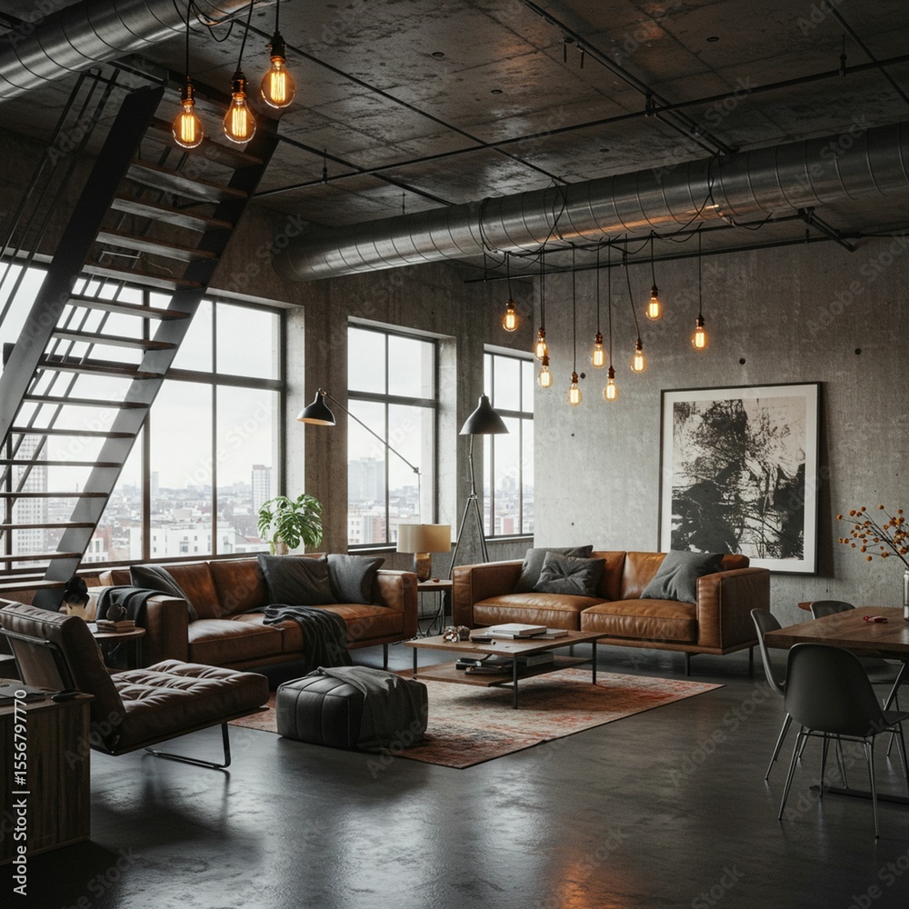 Fototapeta premium Industrial loft living room cityscape
