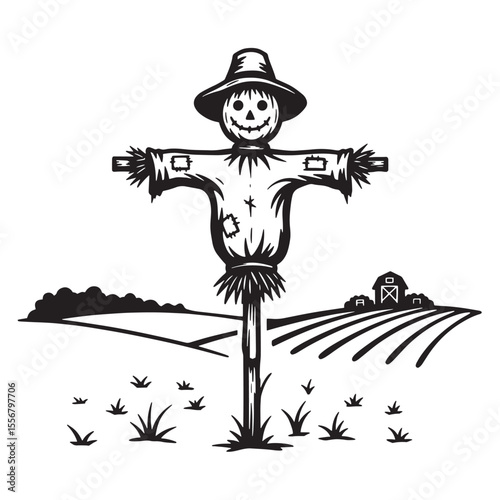 Detailed black and white illustration of a scarecrow in a farm field setting with barn